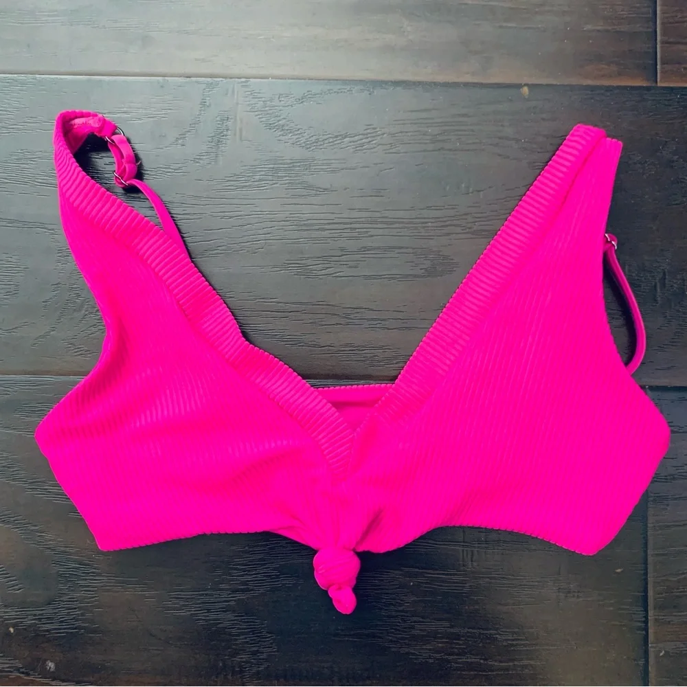 Frankies Bikinis Austin Fuchsia Hot Pink Front Knot Tie Ribbed Bikini Top Swim